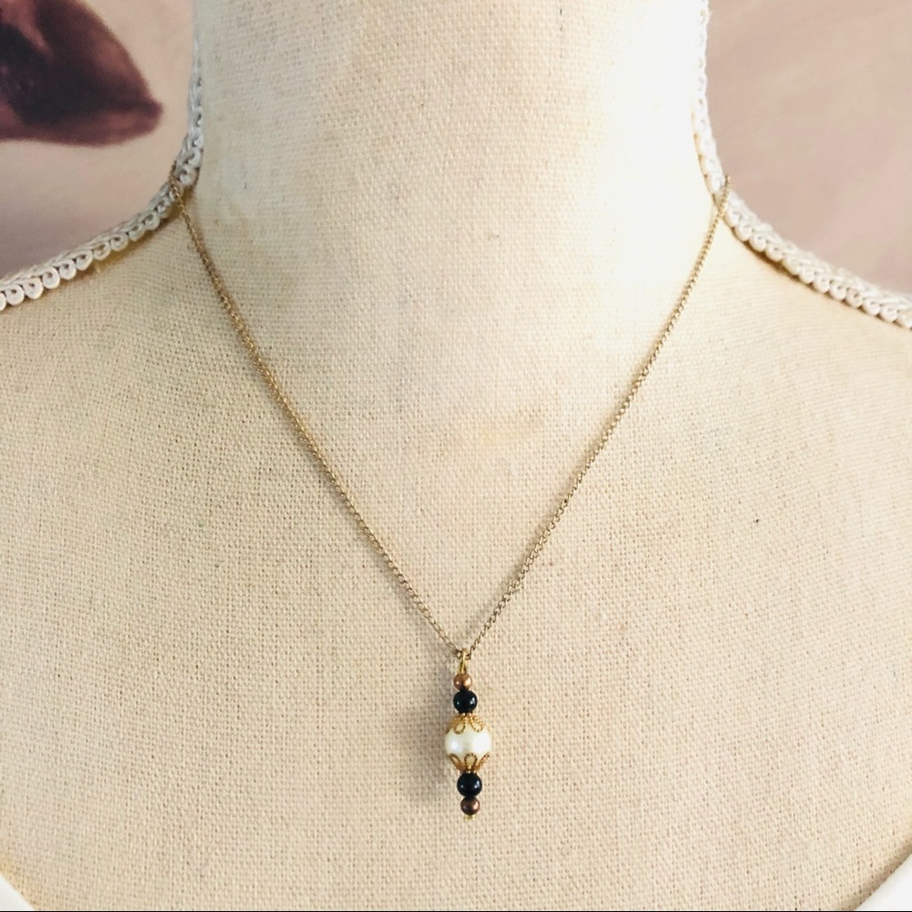 Vintage repurpose filigree caged pearl pendant on chain necklace